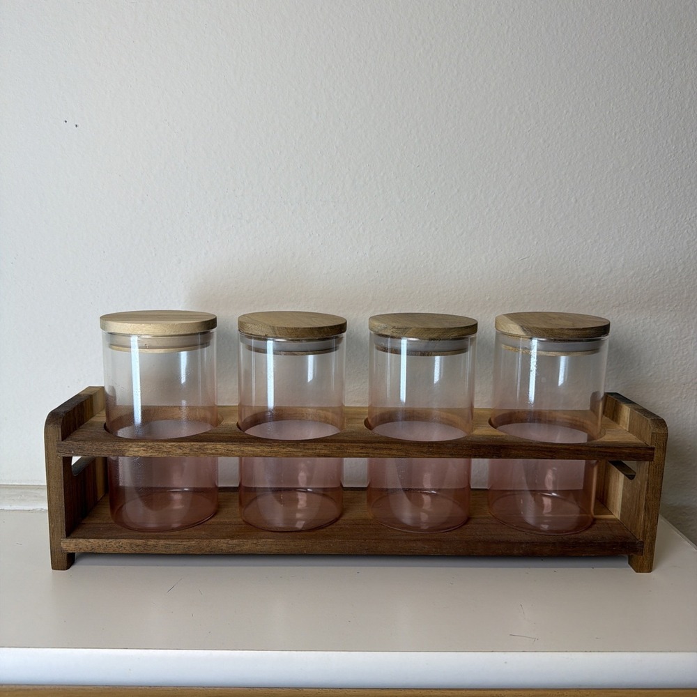 Wooden Spice Box Six Bottles Propagation Station Pink Glass Jars
